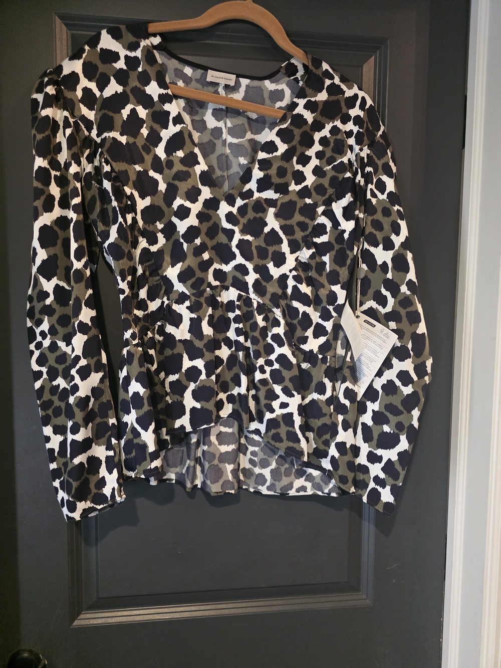 By Malene Birger Olive Black and White Leopard Peplum Blouse